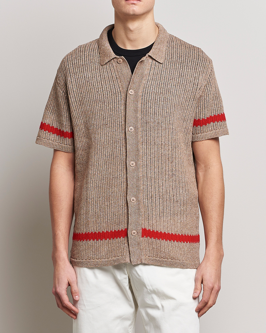 Homme | Chemises | J.Lindeberg | Sky Knitted Linen/Merino Short Sleeve Shirt Beige