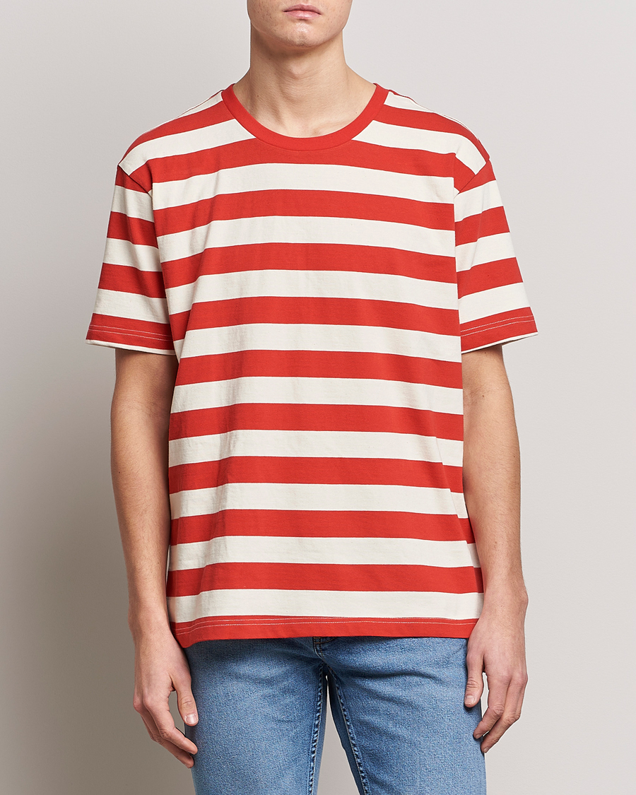 Homme | T-shirts | Nudie Jeans | Uno Blockstripe Crew Neck T-Shirt Off White/Red