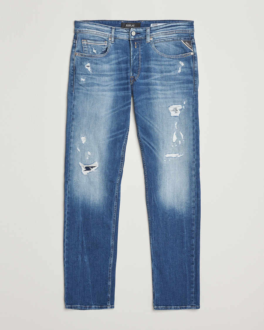 Homme | Jeans | Replay | Grover Straight Fit Stretch Shredded Jeans Blue