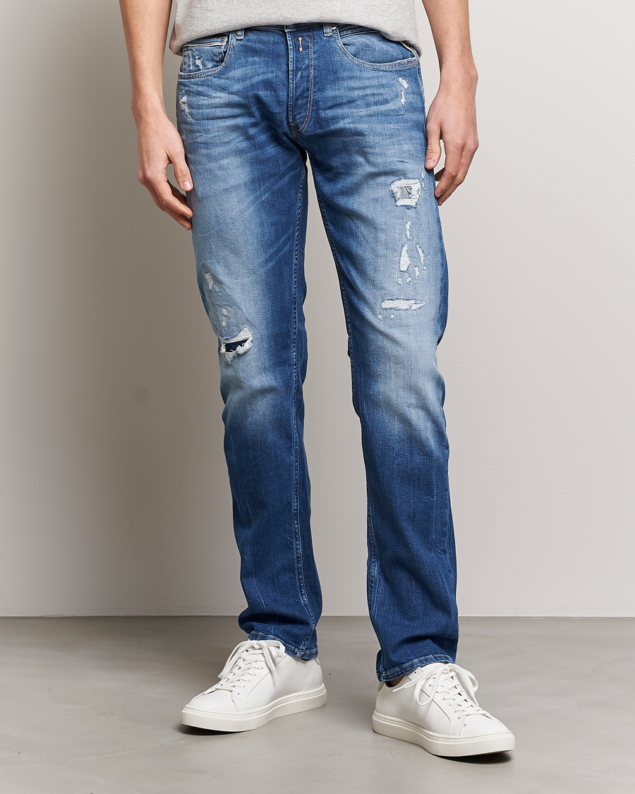 Homme | Jeans | Replay | Grover Straight Fit Stretch Shredded Jeans Blue
