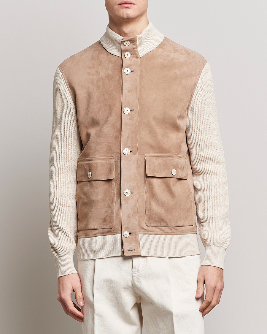 Homme | Manteaux Et Vestes | Brunello Cucinelli | Suede Knit Bomber Jacket Beige Suede