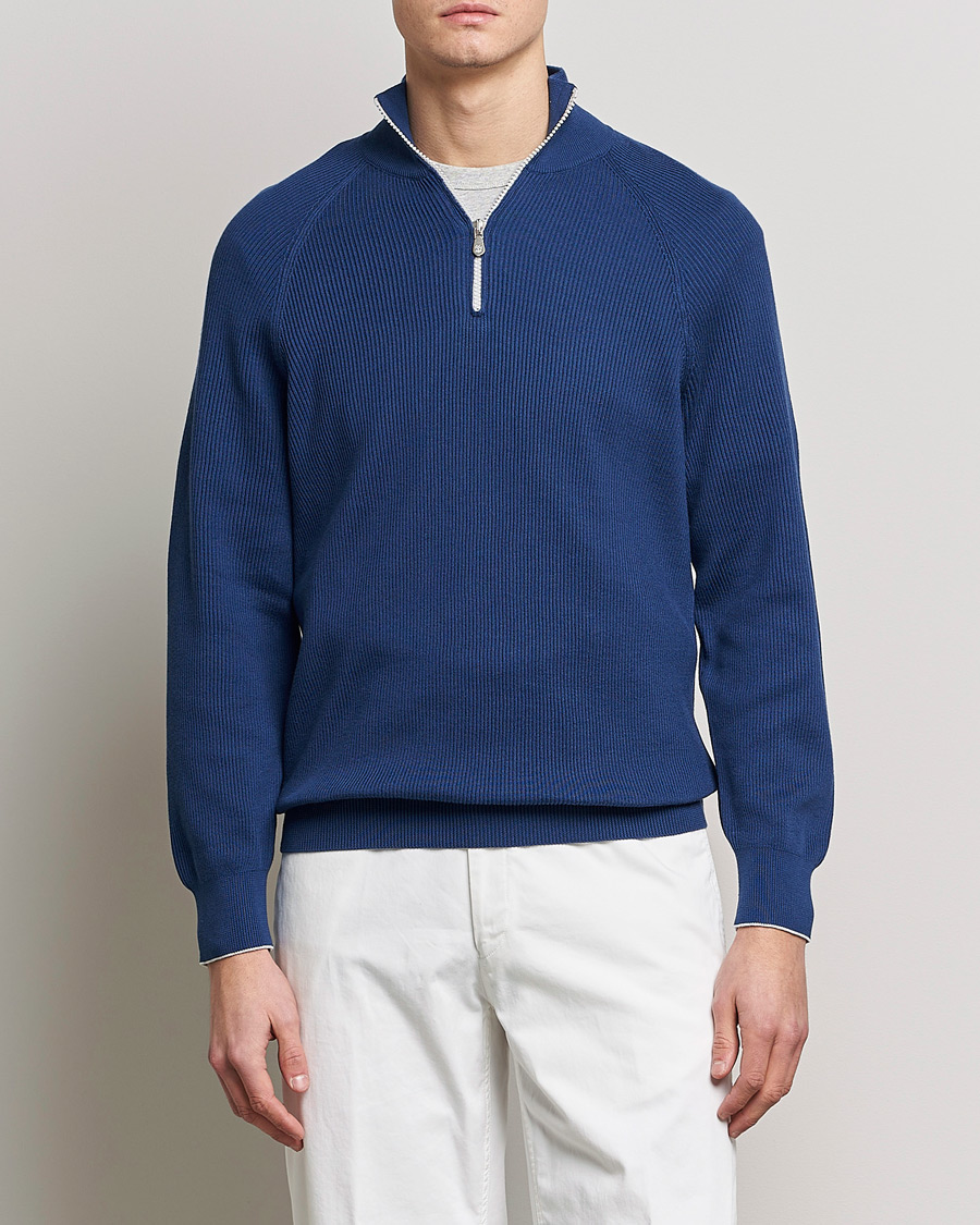 Homme | Pulls Et Tricots | Brunello Cucinelli | Rib Stitch Half Zip Ocean Blue