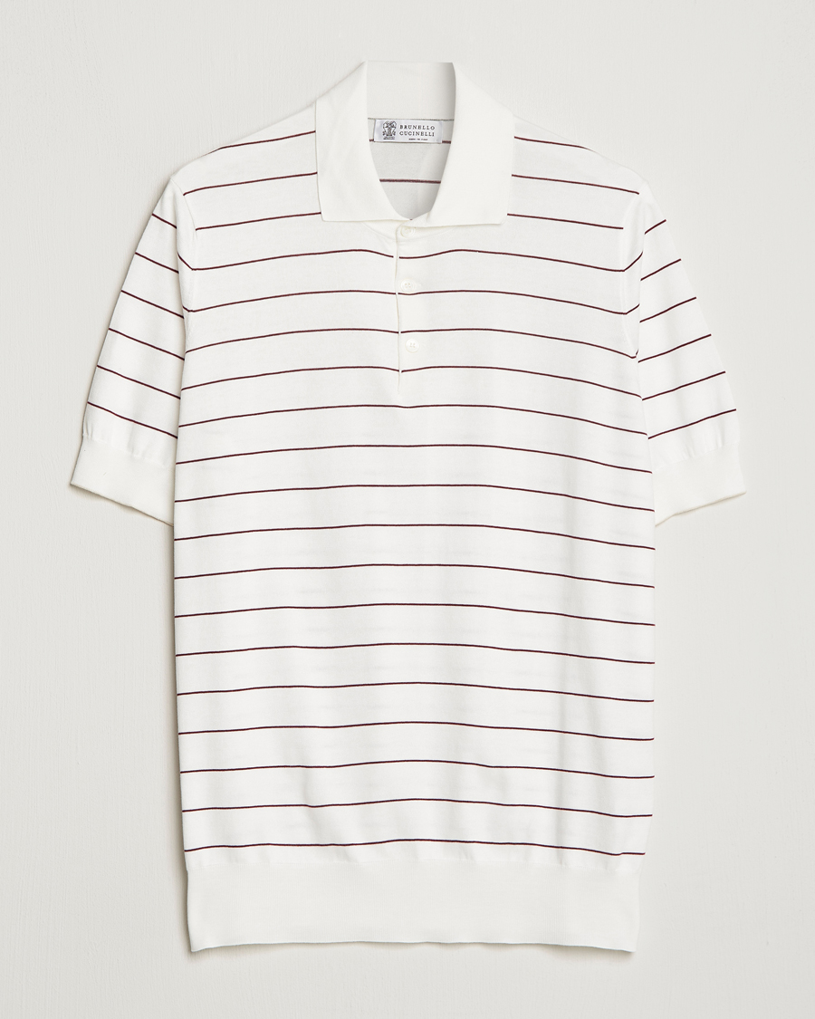 Homme | Polos | Brunello Cucinelli | Short Sleeve Striped Knitted Polo White/Burgundy