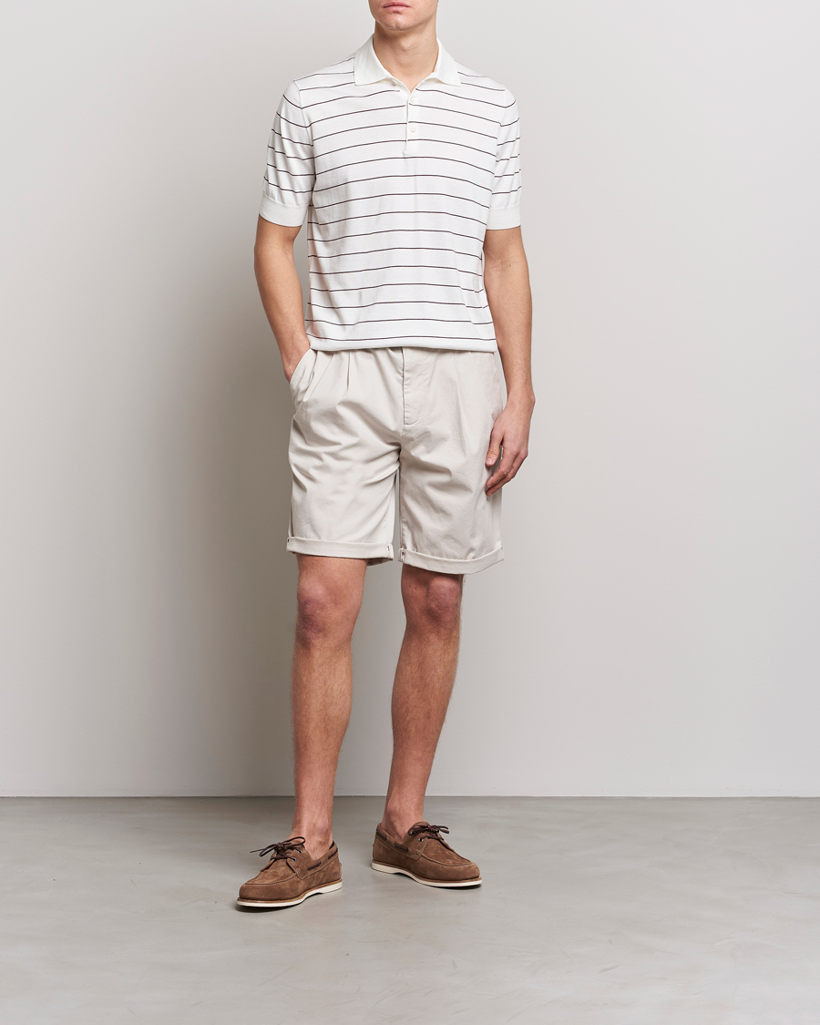 Homme | Polos | Brunello Cucinelli | Short Sleeve Striped Knitted Polo White/Burgundy