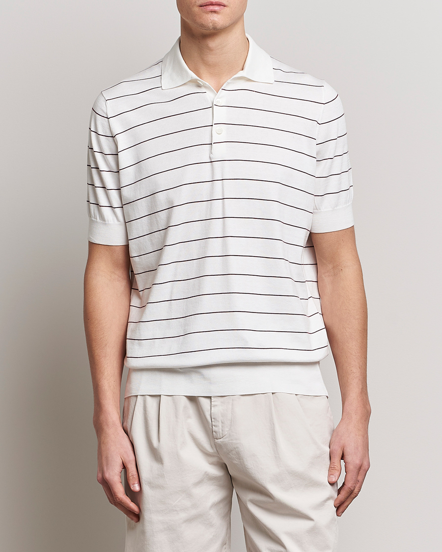 Homme | Polos | Brunello Cucinelli | Short Sleeve Striped Knitted Polo White/Burgundy
