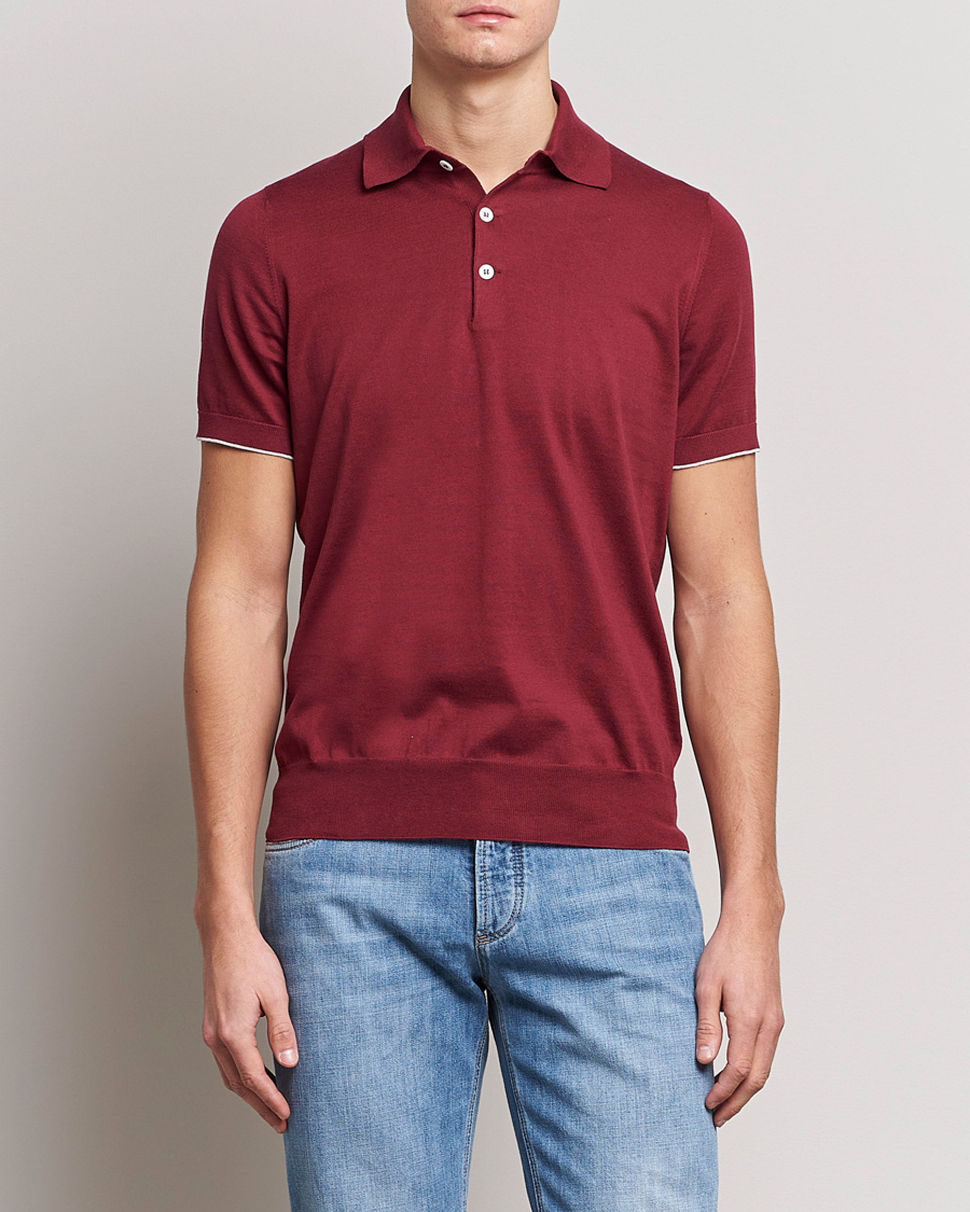 Homme | Polos | Brunello Cucinelli | Short Sleeve Knitted Polo Burgundy