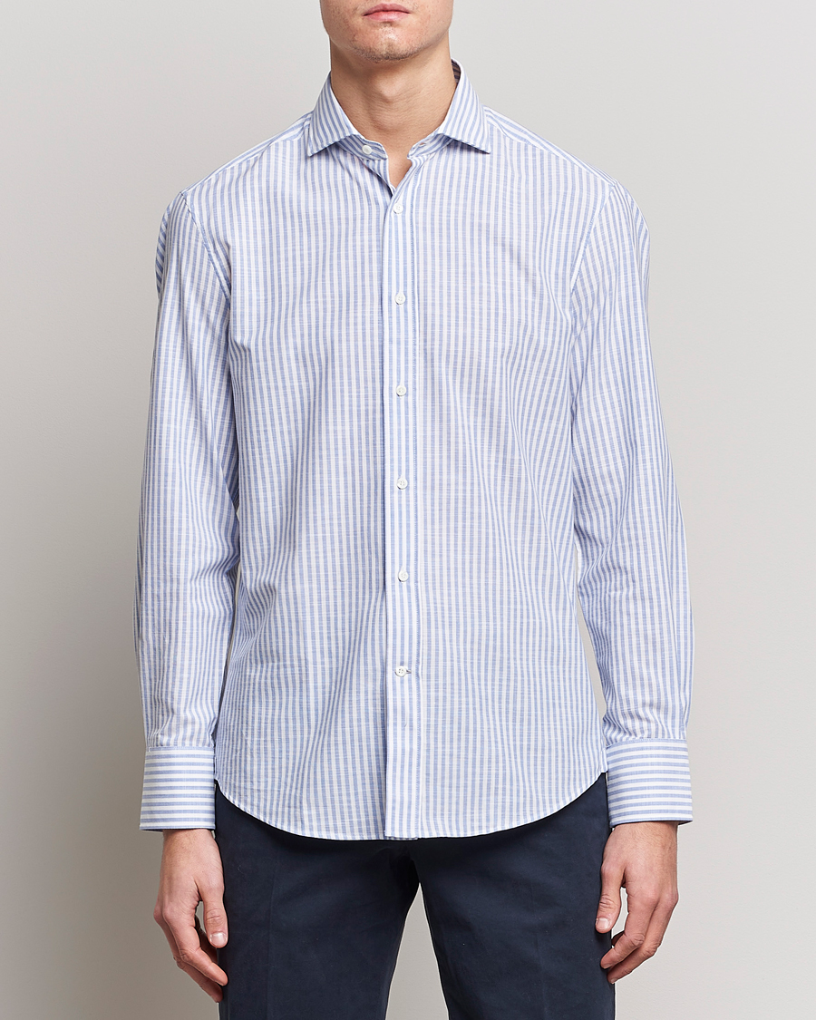 Homme | Chemises | Brunello Cucinelli | Slim Fit Linen Striped Shirt Light Blue