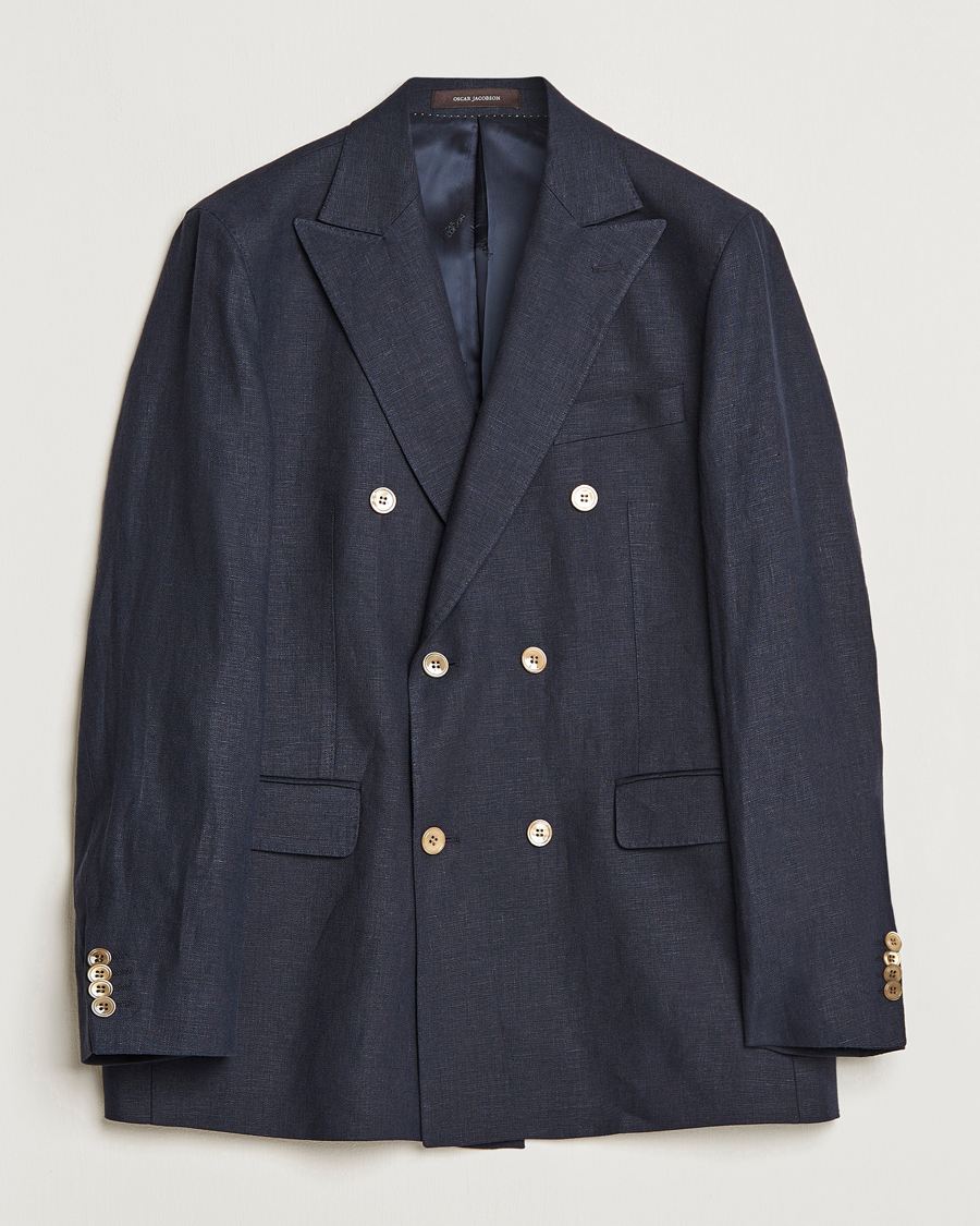 Homme | Blazers | Oscar Jacobson | Farris Double Breasted Linen Blazer Navy