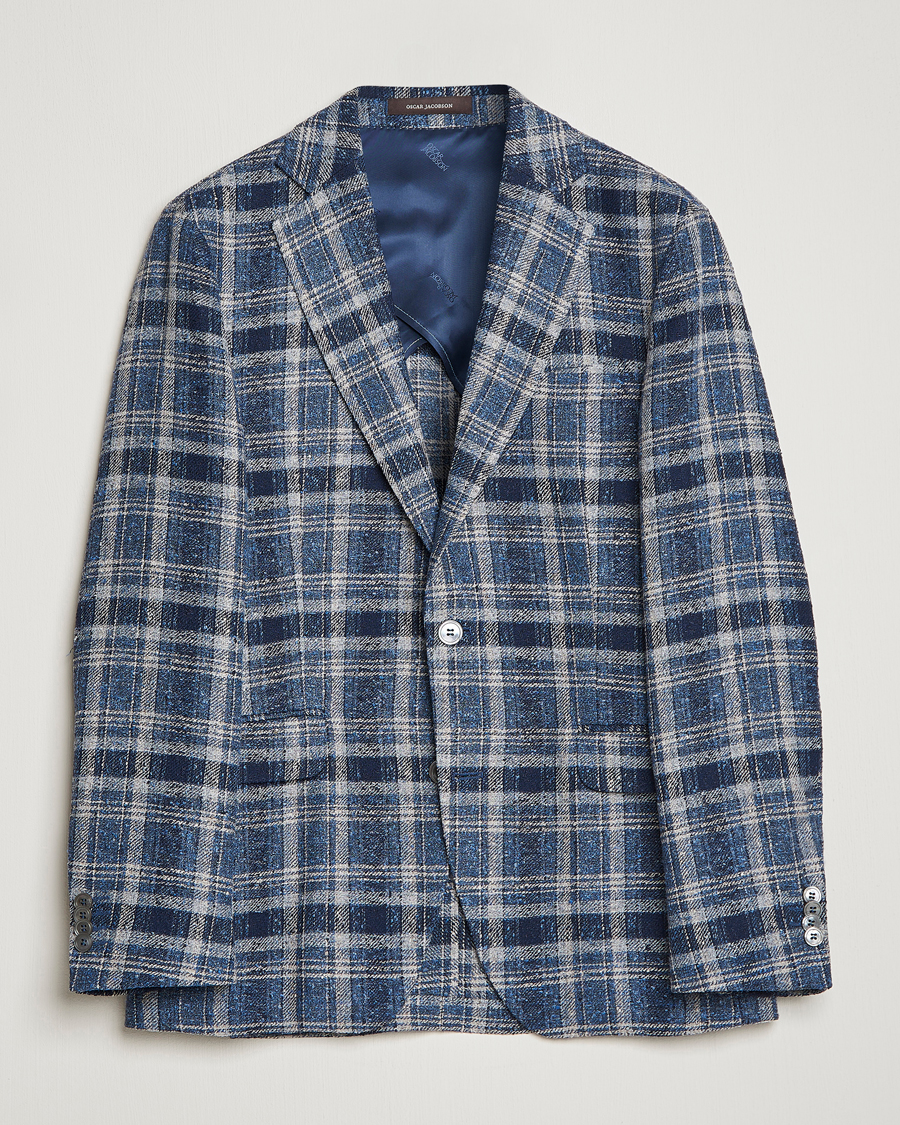 Homme | Blazers | Oscar Jacobson | Ferry Soft Checked Linen Blazer Blue
