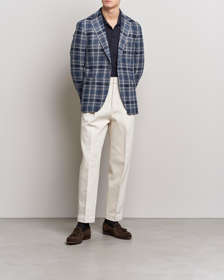 Homme | Blazers | Oscar Jacobson | Ferry Soft Checked Linen Blazer Blue