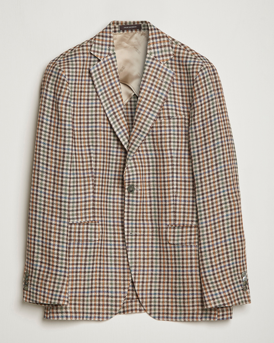 Homme | Blazers | Oscar Jacobson | Ferry Checked Summer Tweed Linen/Silk Blazer Brown