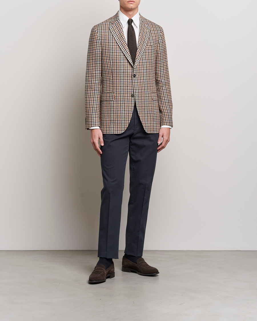 Homme | Blazers | Oscar Jacobson | Ferry Checked Summer Tweed Linen/Silk Blazer Brown