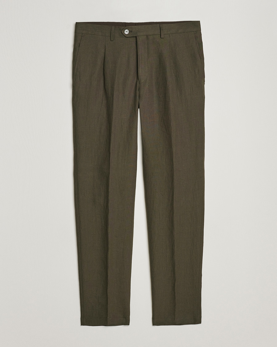 Homme | Pantalons | Oscar Jacobson | Delon Linen Trousers Dark Green