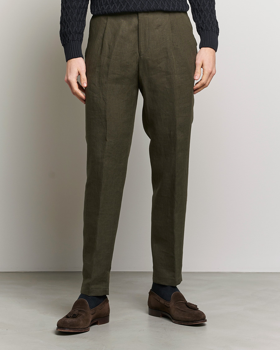 Homme | Pantalons | Oscar Jacobson | Delon Linen Trousers Dark Green