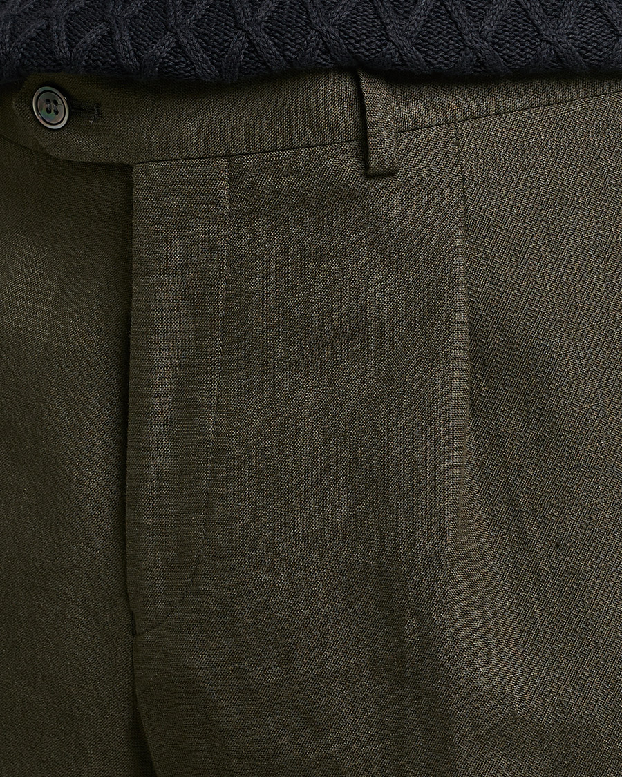 Homme | Pantalons | Oscar Jacobson | Delon Linen Trousers Dark Green
