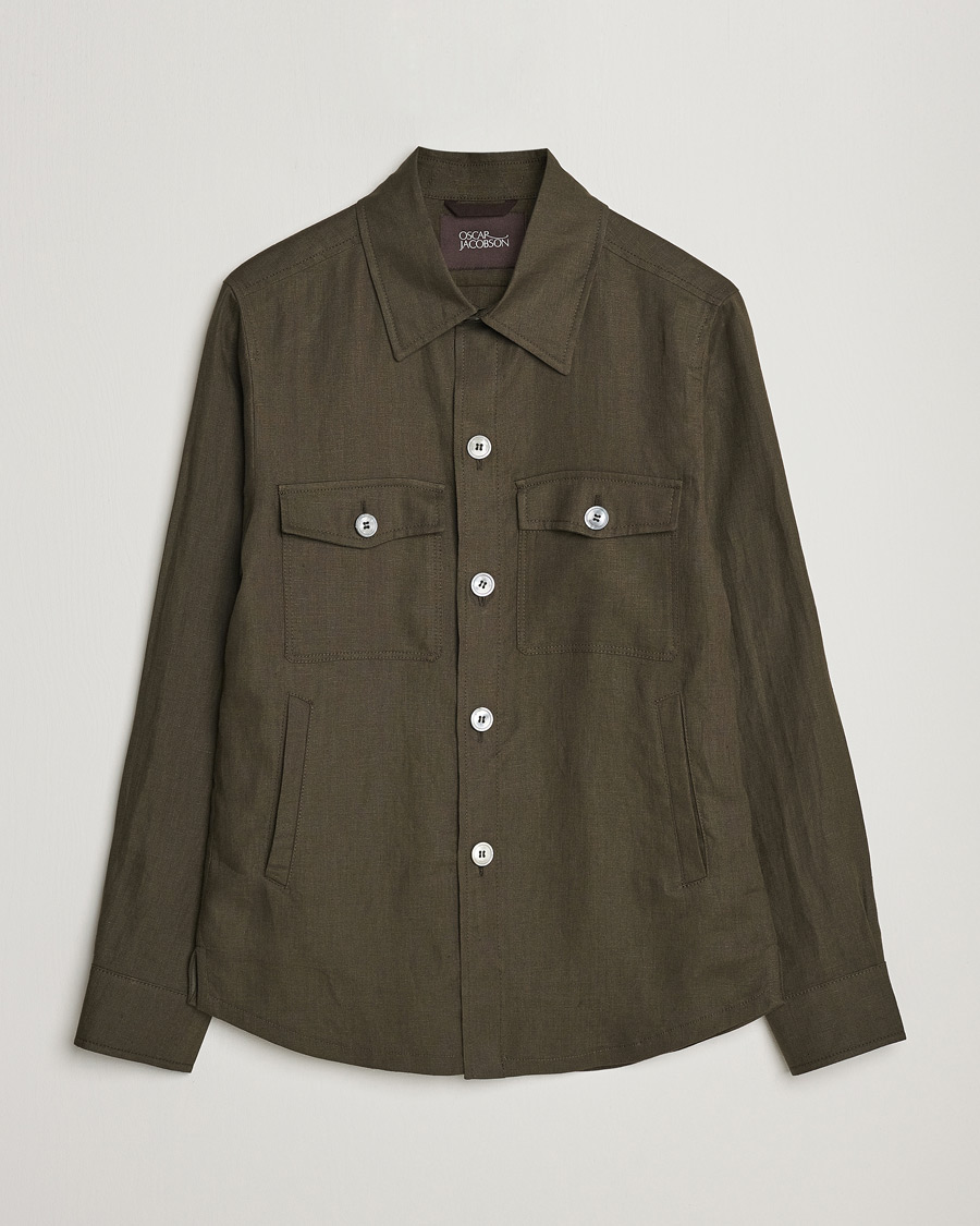 Homme | Chemises | Oscar Jacobson | Maverick Linen Shirt Jacket Olive
