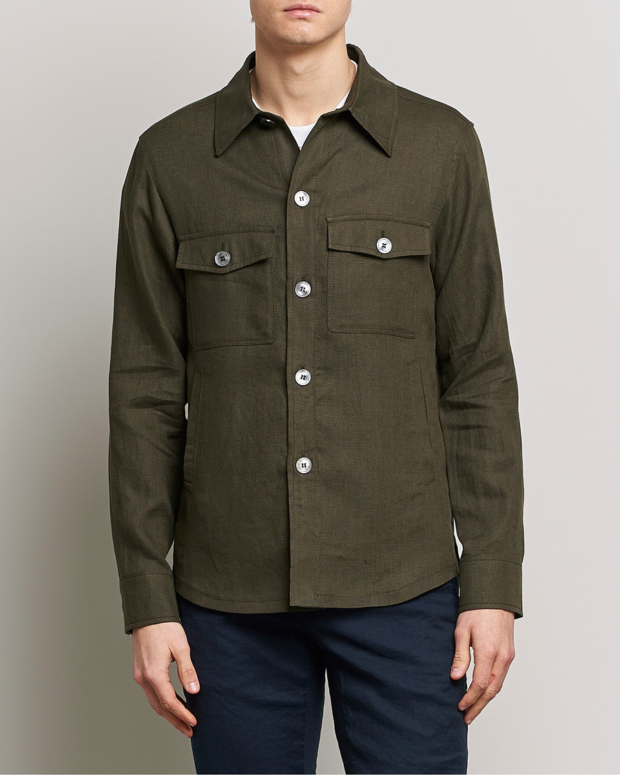Homme | Vestes Chemise | Oscar Jacobson | Maverick Linen Shirt Jacket Olive