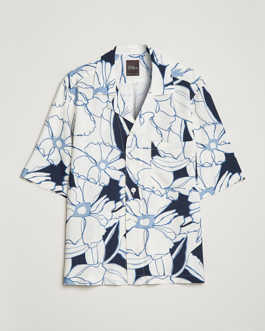 Homme | Chemises | Oscar Jacobson | Cuban Short Sleeve Flower Print Shirt White