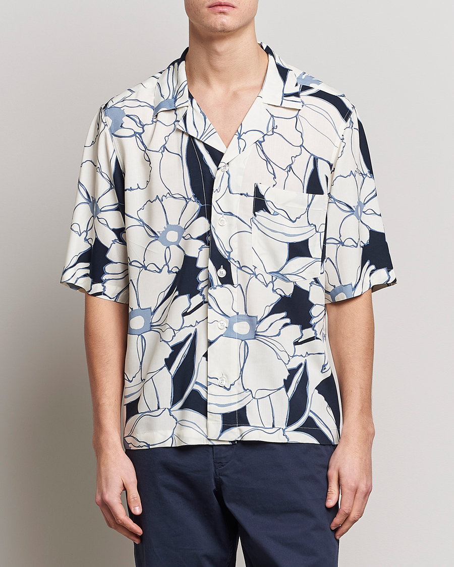 Homme | Chemises | Oscar Jacobson | Cuban Short Sleeve Flower Print Shirt White