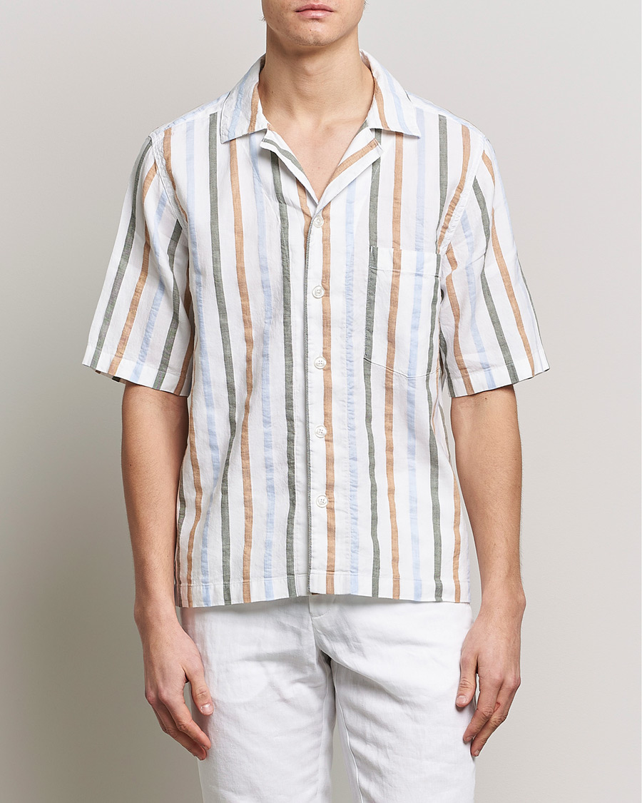 Homme | Chemises | Oscar Jacobson | Cuban Short Sleeve Multi Stripe Shirt White