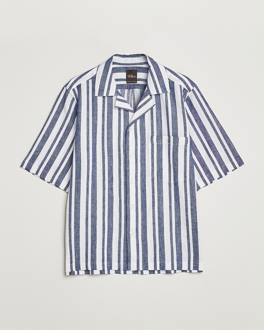 Homme | Chemises | Oscar Jacobson | Cuban Short Sleeve Riviera Stripe Shirt White