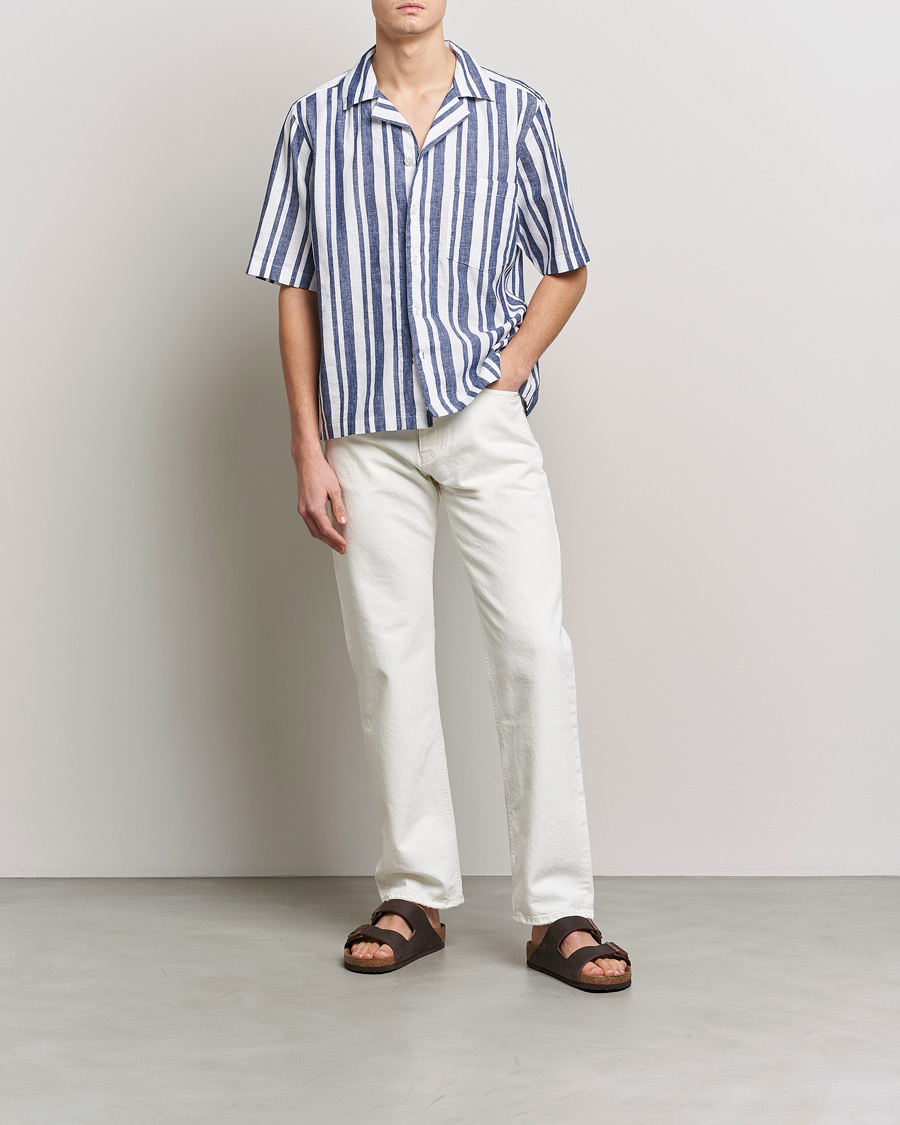 Homme | Chemises | Oscar Jacobson | Cuban Short Sleeve Riviera Stripe Shirt White