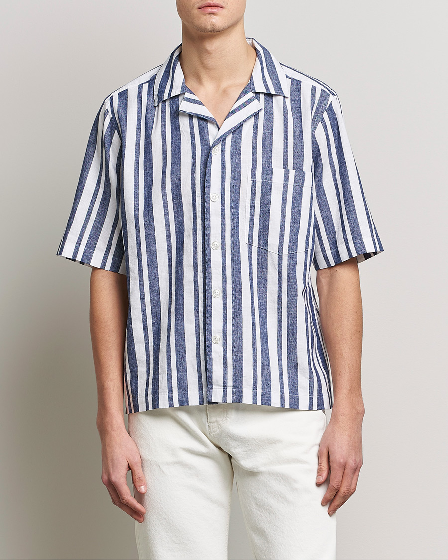 Homme | Chemises | Oscar Jacobson | Cuban Short Sleeve Riviera Stripe Shirt White
