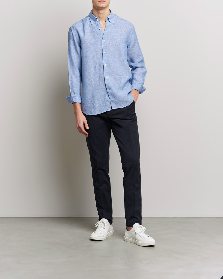 Homme | Chemises | Oscar Jacobson | Regular Fit Button Down Linen Shirt Blue