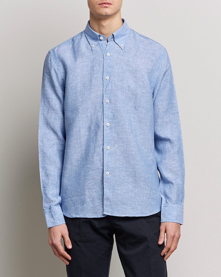 Homme | Chemises En Lin | Oscar Jacobson | Regular Fit Button Down Linen Shirt Blue