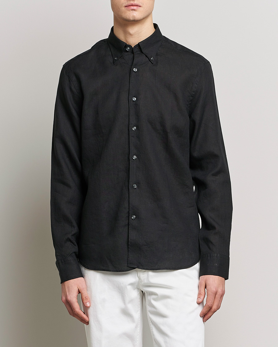 Homme |  | Oscar Jacobson | Regular Fit Button Down Linen Shirt Black