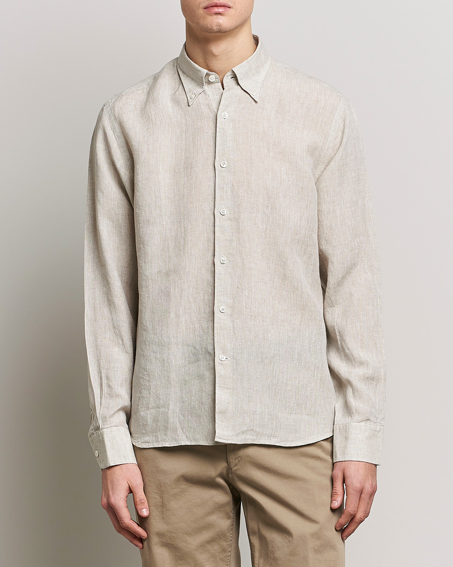 Homme | Chemises En Lin | Oscar Jacobson | Regular Fit Button Down Linen Shirt Beige