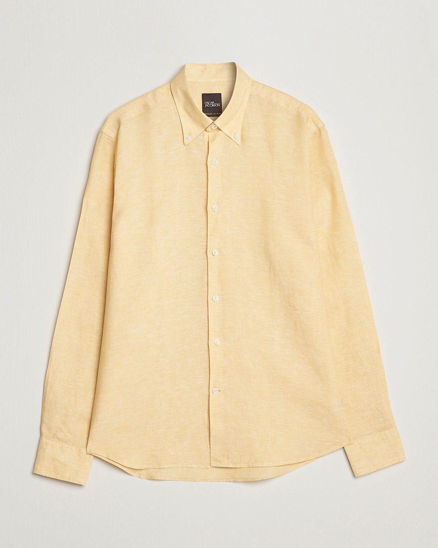 Homme | Chemises | Oscar Jacobson | Regular Fit Button Down Linen Shirt Yellow