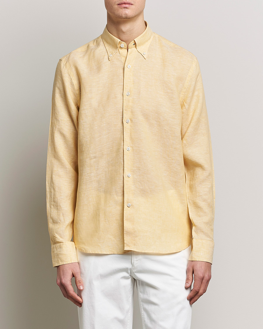 Homme | Chemises | Oscar Jacobson | Regular Fit Button Down Linen Shirt Yellow