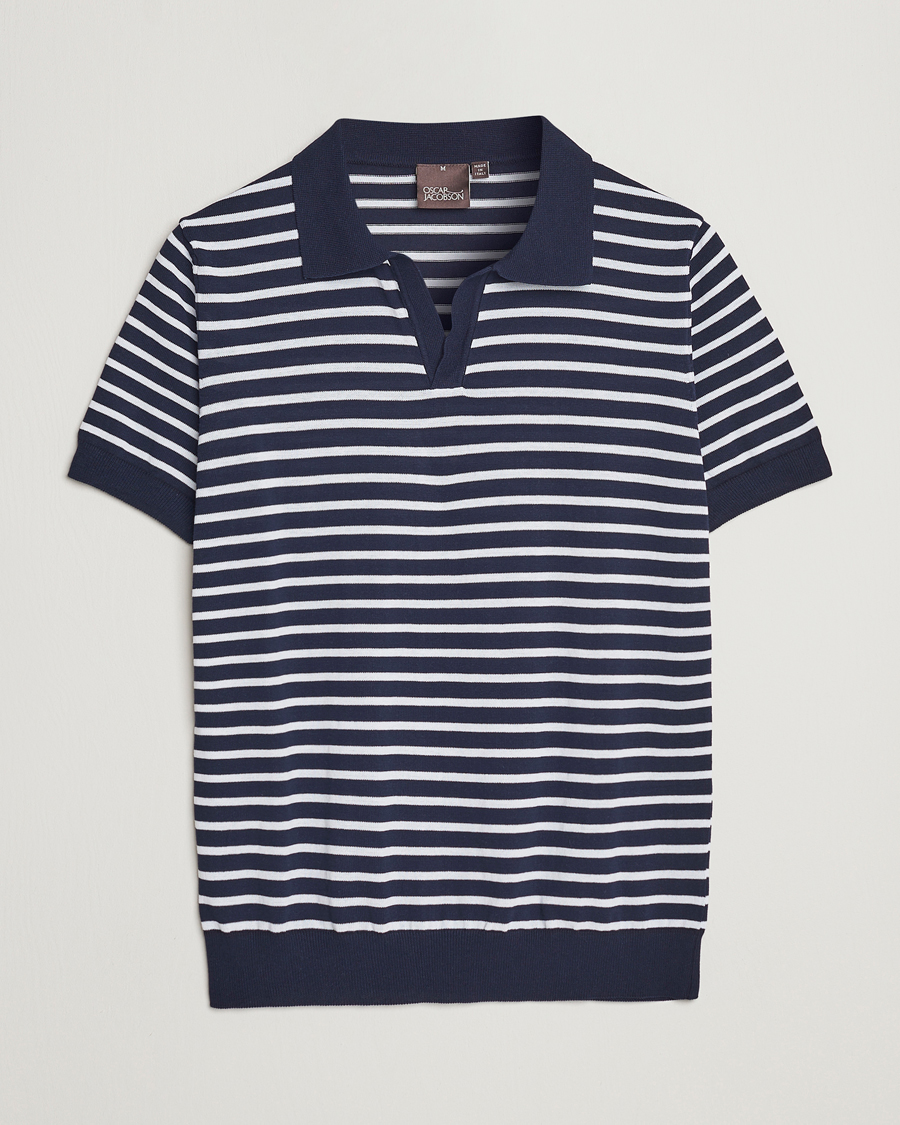Homme | Polos | Oscar Jacobson | Devon Short Sleeve Striped Cotton Polo White/Blue