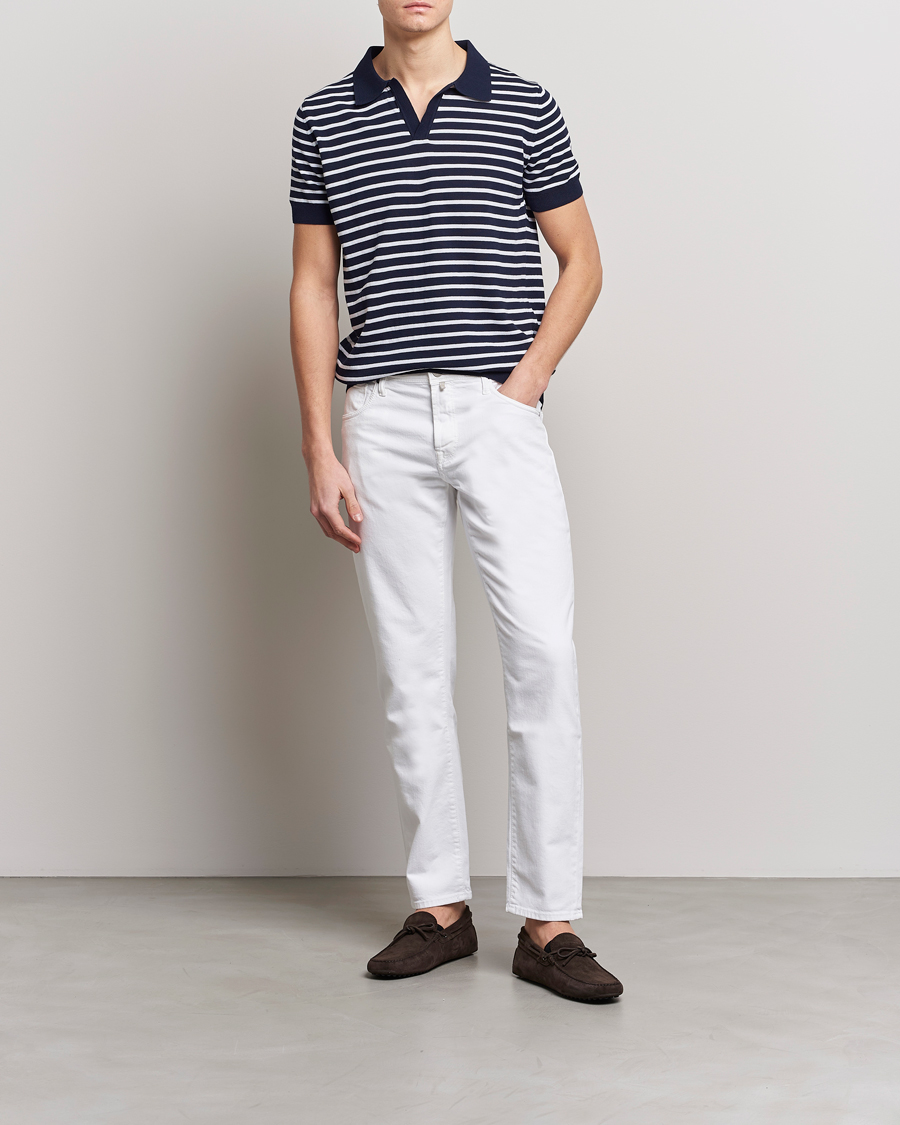 Homme | Polos | Oscar Jacobson | Devon Short Sleeve Striped Cotton Polo White/Blue