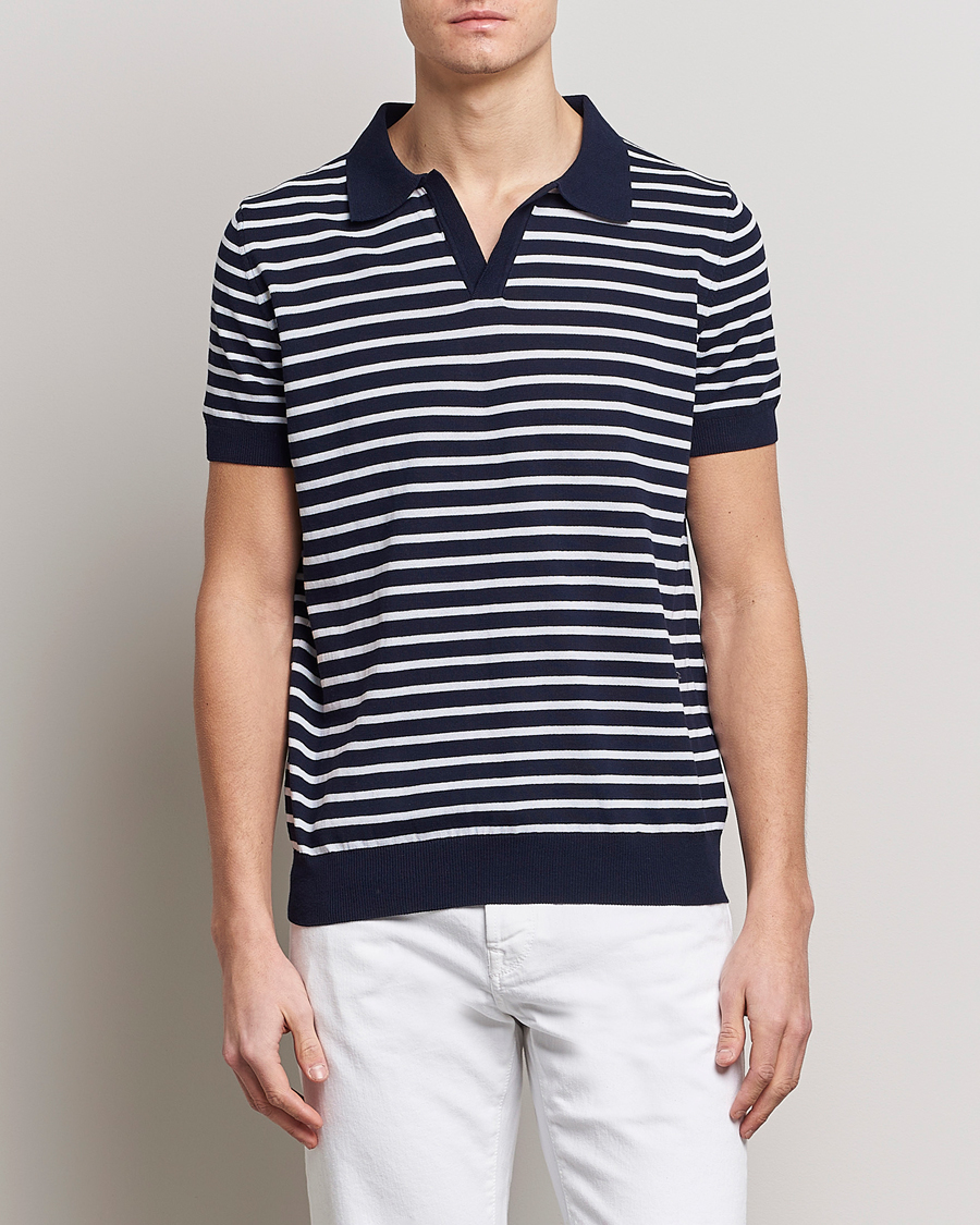 Homme | Polos | Oscar Jacobson | Devon Short Sleeve Striped Cotton Polo White/Blue