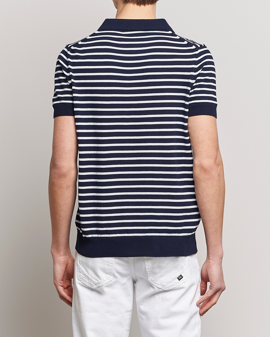 Homme | Polos | Oscar Jacobson | Devon Short Sleeve Striped Cotton Polo White/Blue