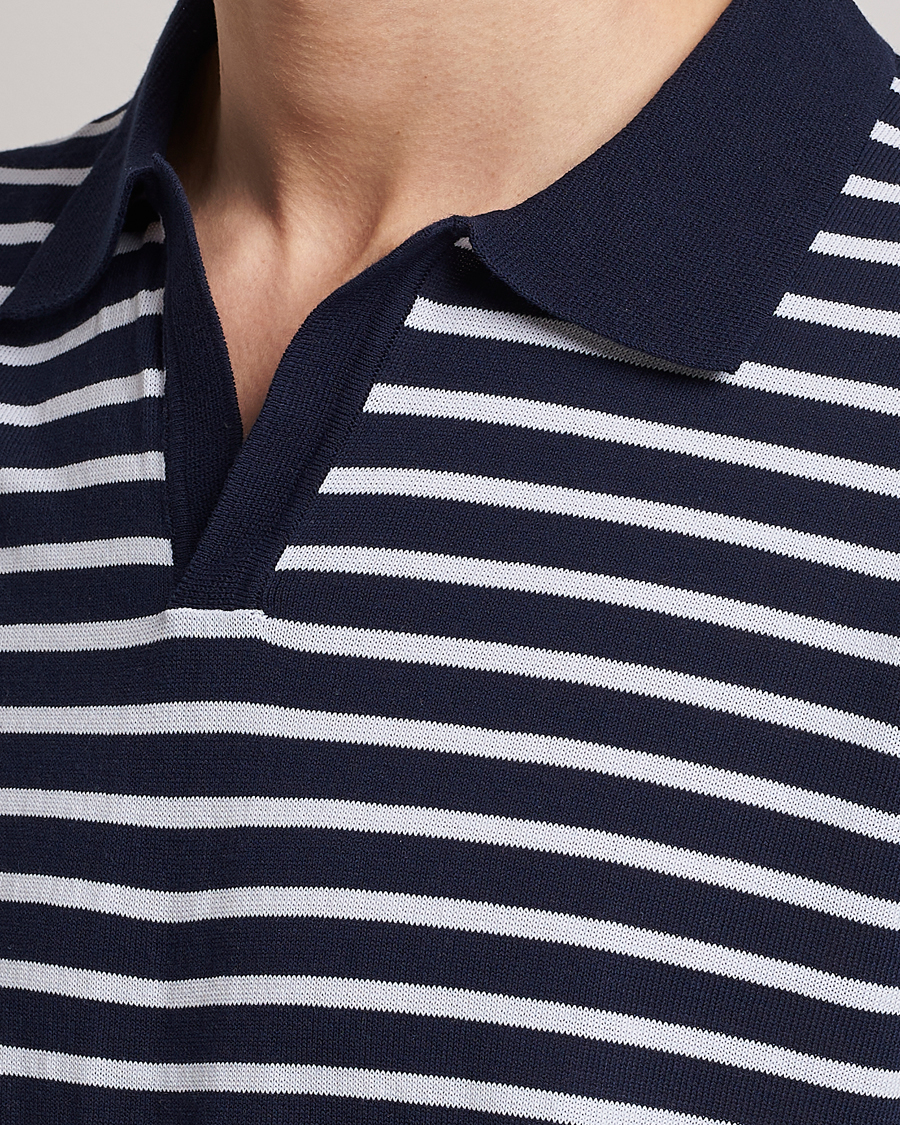 Homme | Polos | Oscar Jacobson | Devon Short Sleeve Striped Cotton Polo White/Blue