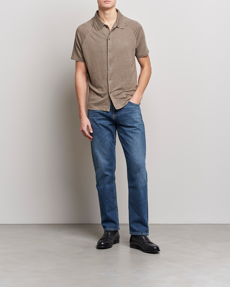 Homme | Chemises | Oscar Jacobson | Albin Short Sleeve Linen Polo Taupe