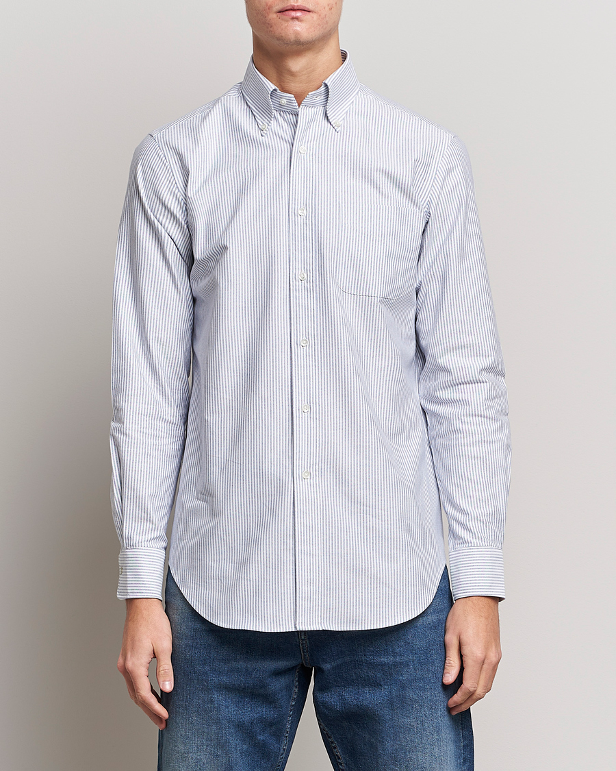 Homme | Tenue Décontractée Chic | Kamakura Shirts | Slim Fit Striped Oxford BD Shirt Light Blue