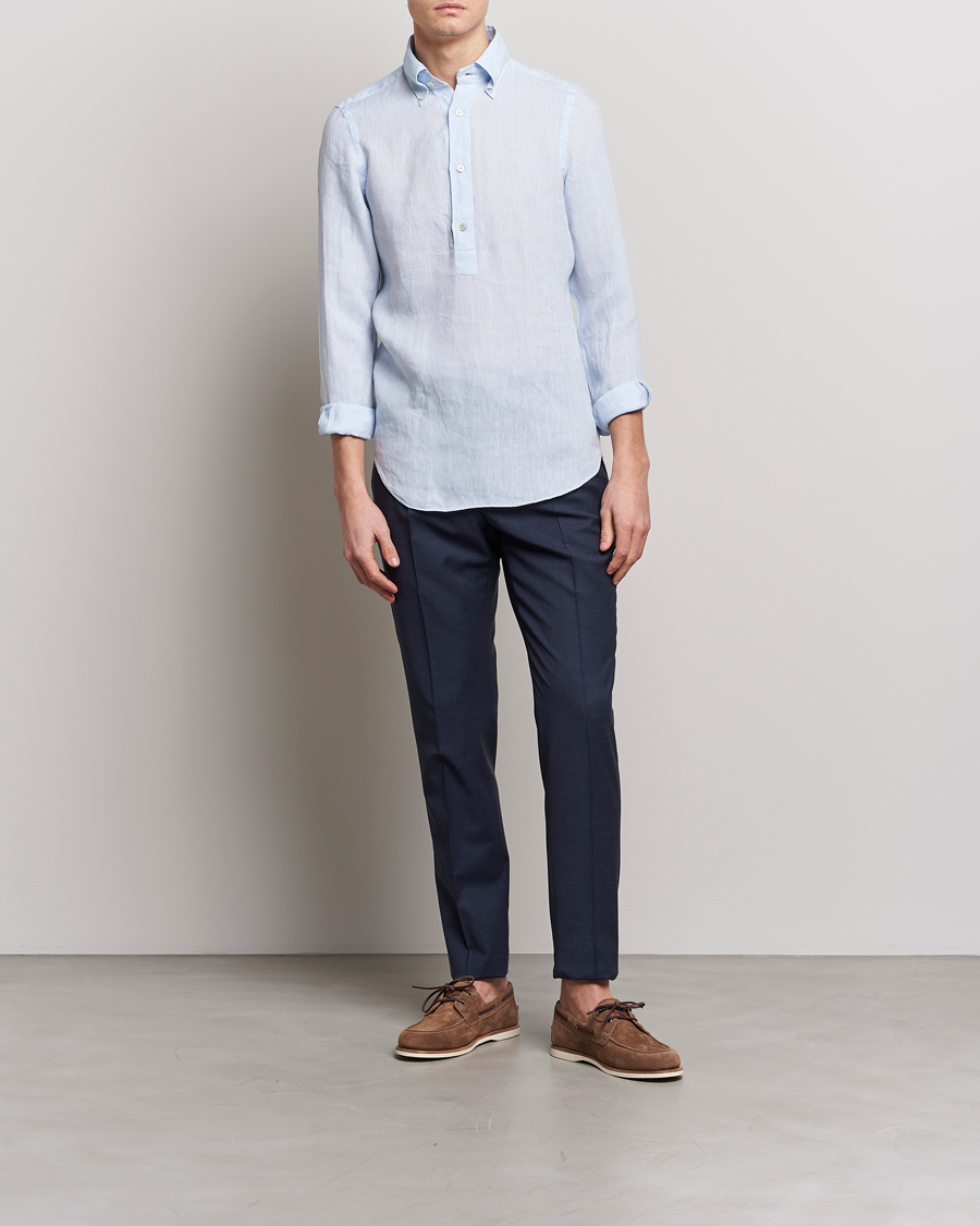 Homme | Chemises | Finamore Napoli | Miami Linen Popover Shirt Light Blue