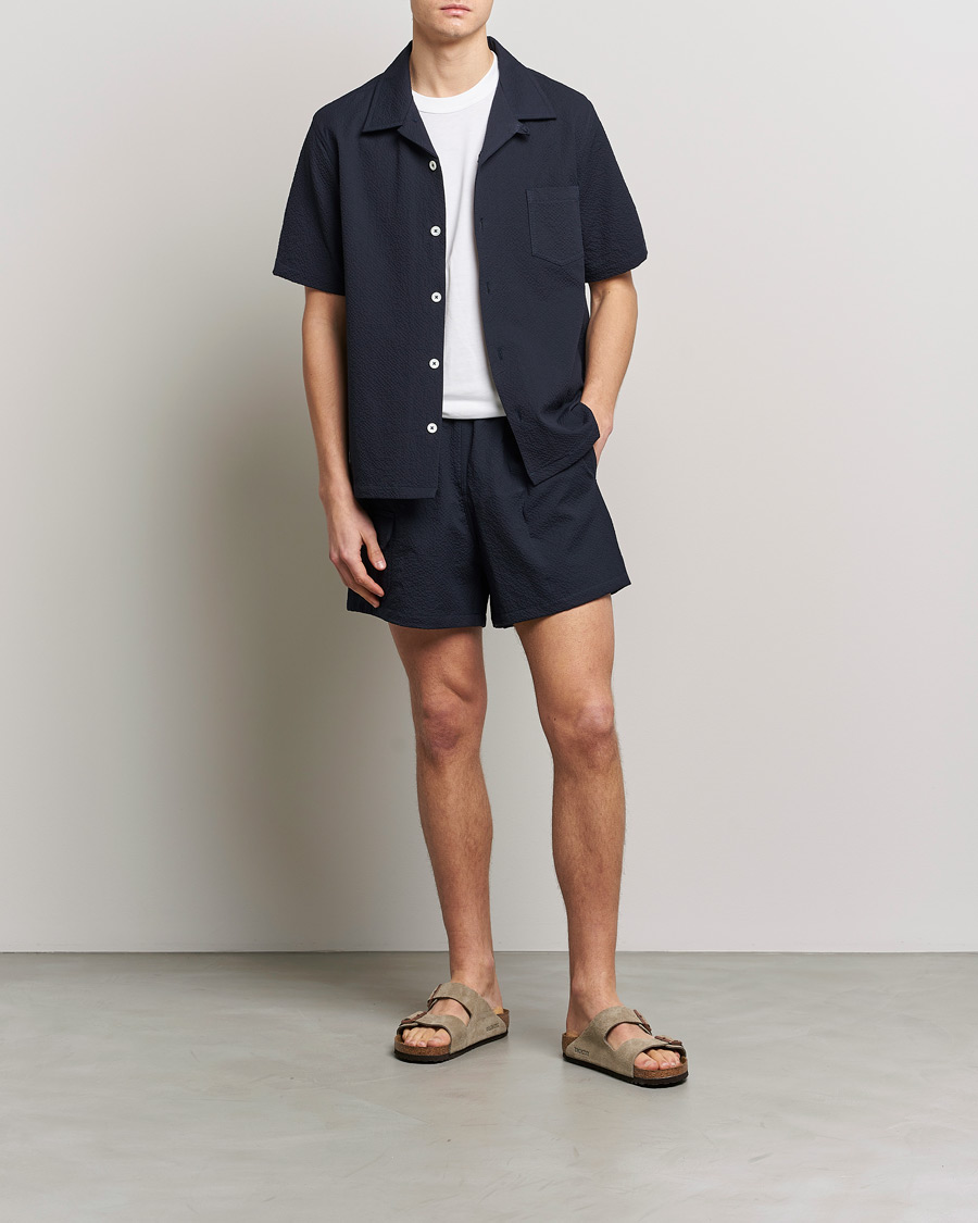 Homme | Chemises | Howlin' | Short Sleeve Cotton Seersucker Shirt Navy