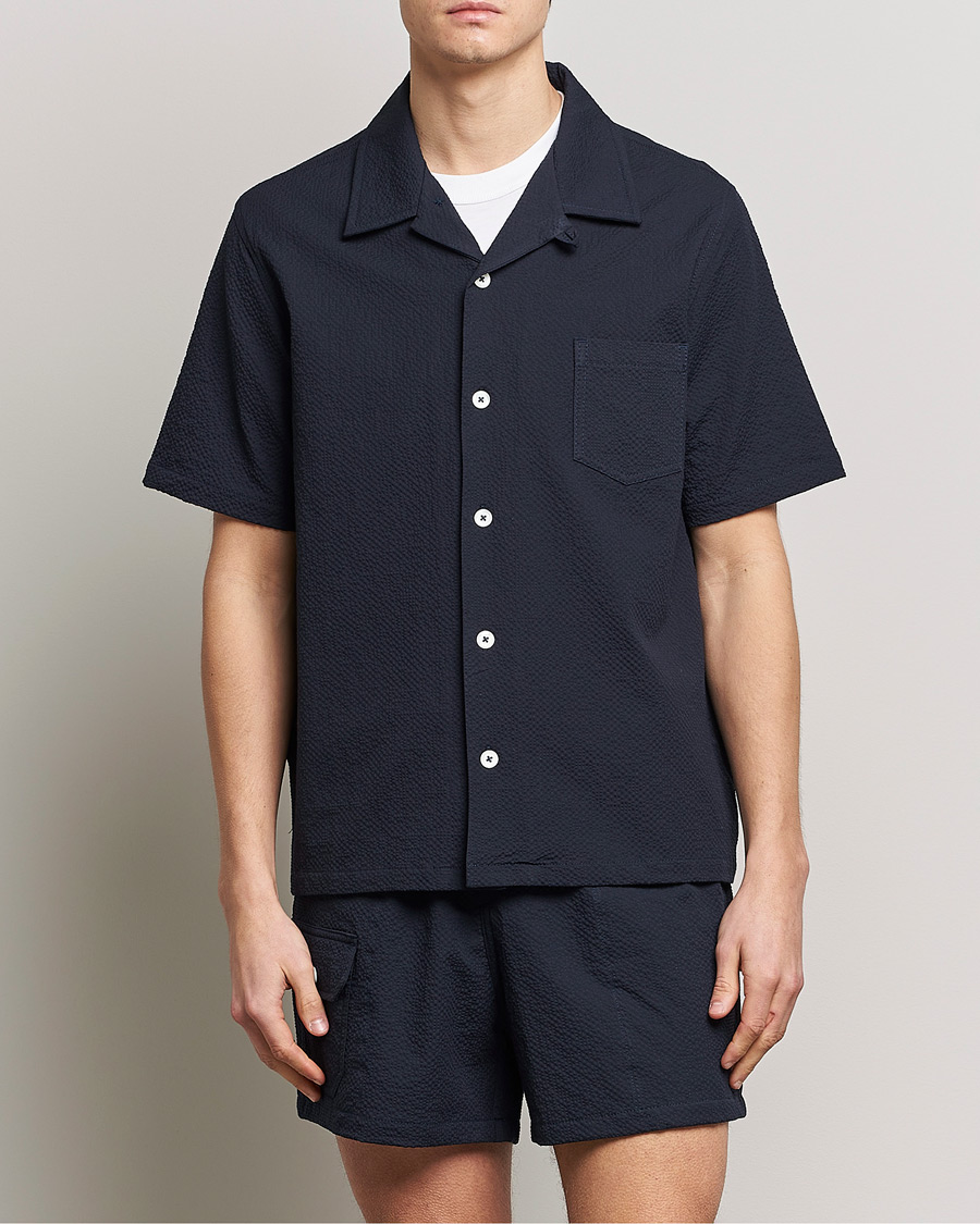 Homme | Chemises | Howlin' | Short Sleeve Cotton Seersucker Shirt Navy