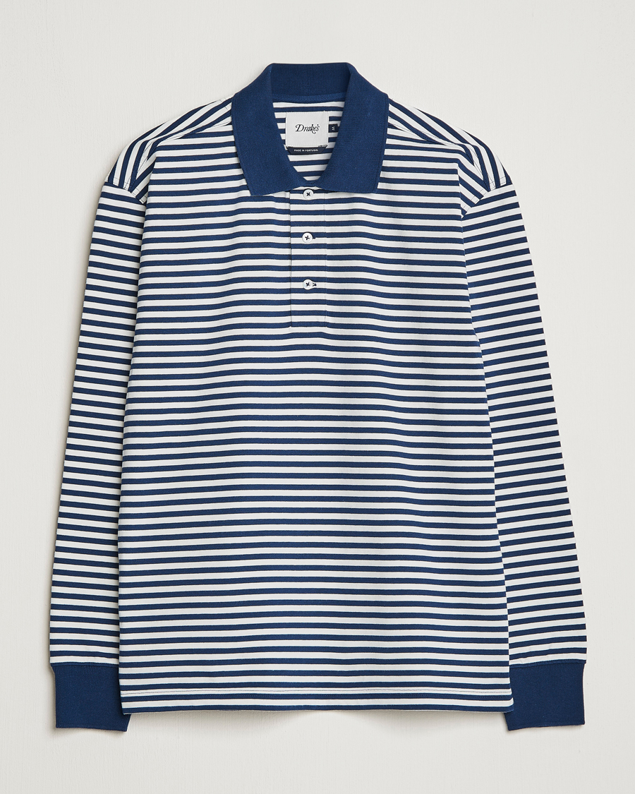 Homme | Pulls Et Tricots | Drake's | Striped Long Sleeve Jersey Polo White/Navy