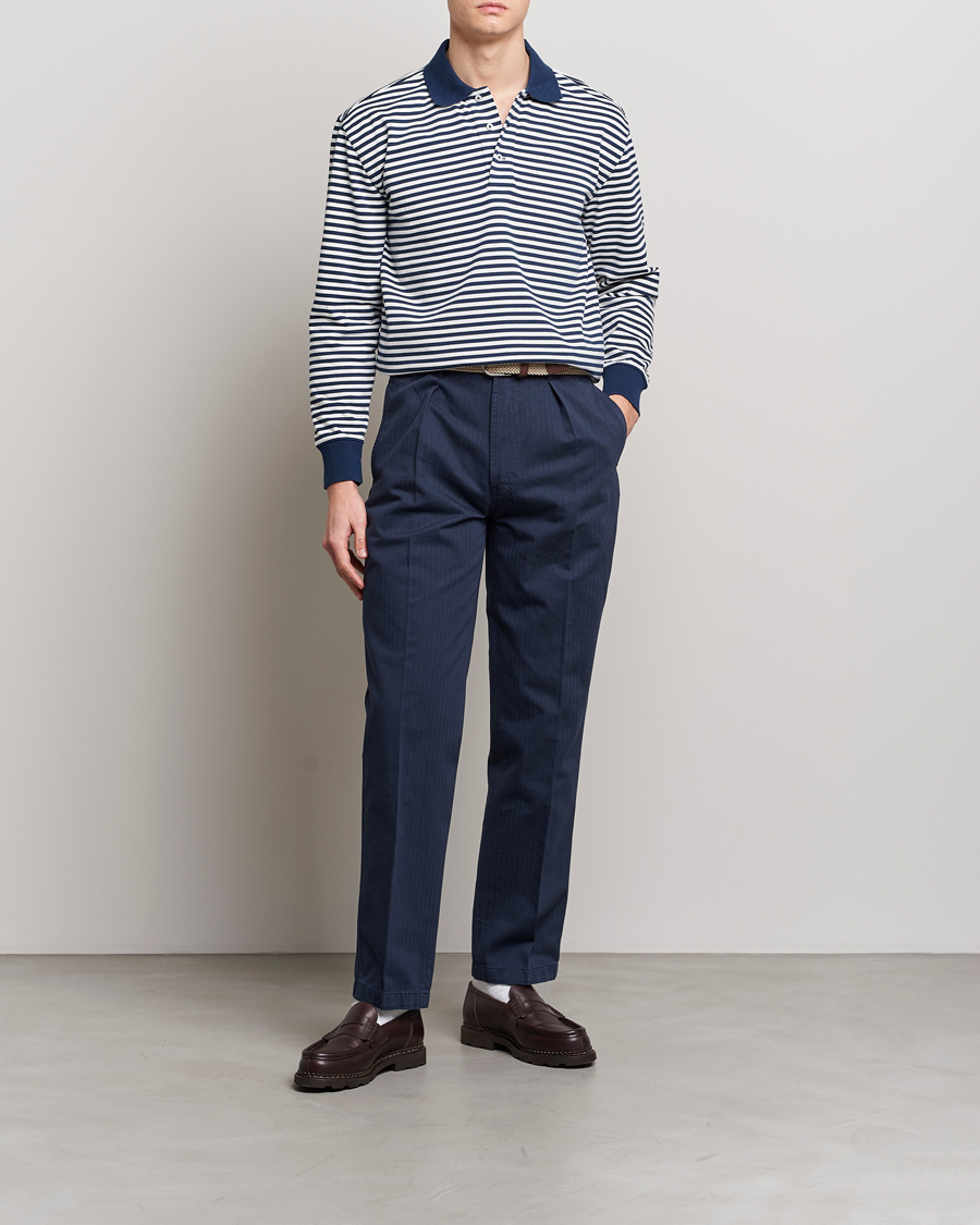 Homme | Pulls Et Tricots | Drake's | Striped Long Sleeve Jersey Polo White/Navy