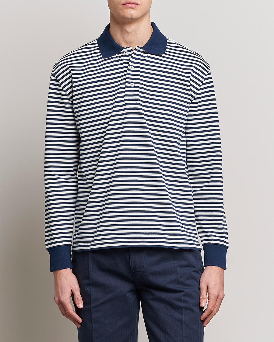 Homme | Pulls Et Tricots | Drake's | Striped Long Sleeve Jersey Polo White/Navy