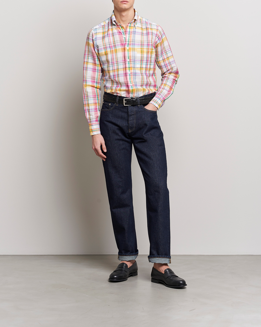 Homme | Chemises | Drake's | Checked Button Down Linen Shirt Multi
