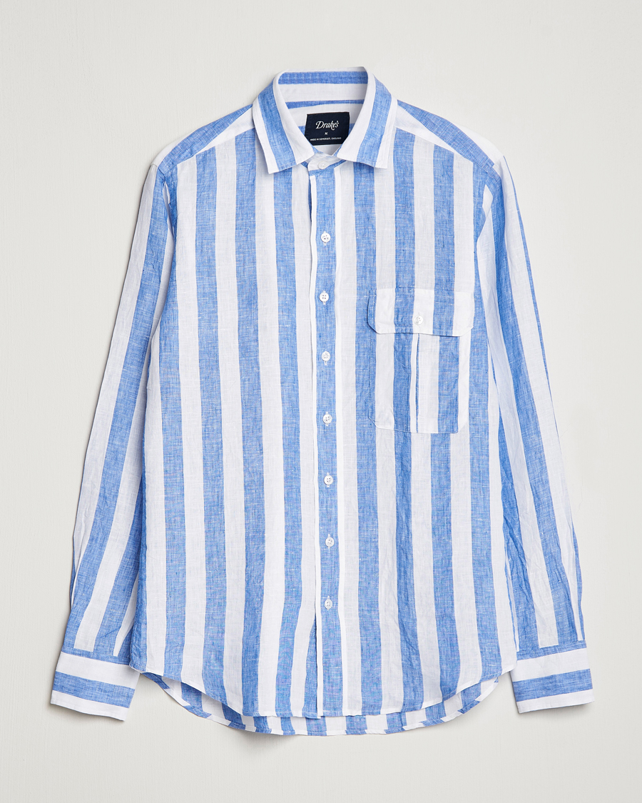 Homme | Chemises | Drake's | Broad Stripe Linen Spread Collar Shirt Blue