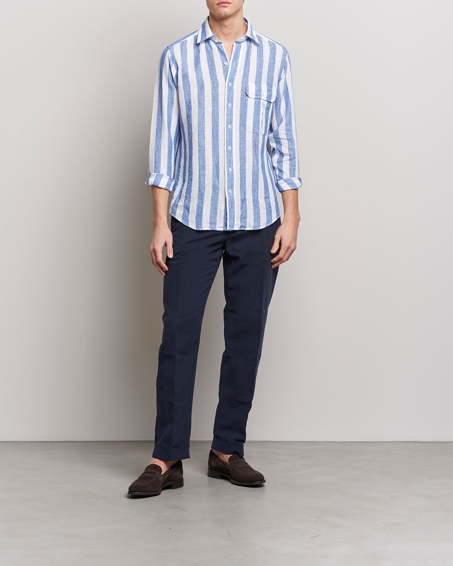 Homme | Chemises | Drake's | Broad Stripe Linen Spread Collar Shirt Blue