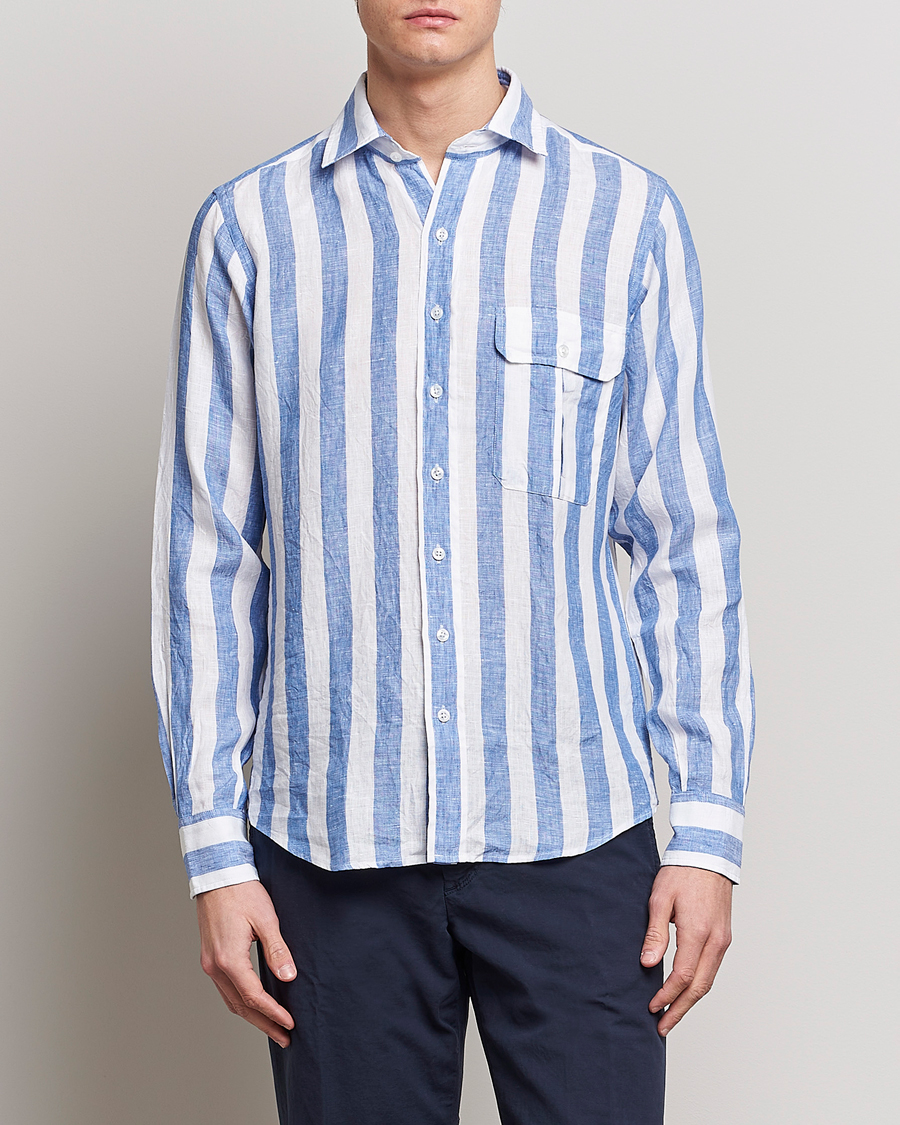 Homme | Chemises | Drake's | Broad Stripe Linen Spread Collar Shirt Blue